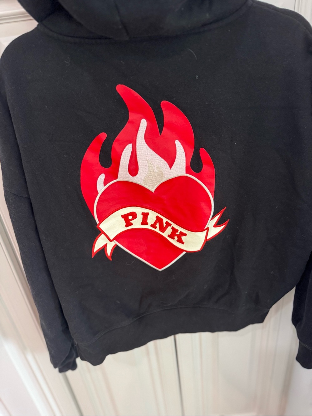 PINK Victoria's Secret Black Hoodie with Red and Cream Flame Heart Graphic